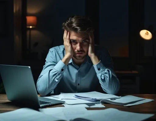 Overwhelmed business owner surrounded by paperwork and a laptop